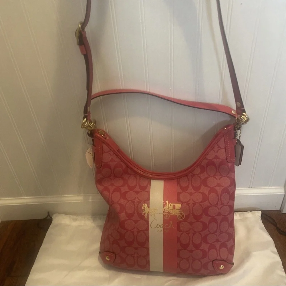 NWT Coach 13193 Heritage Stripe Signature Convertible Magenta Canvas Hobo Bag - Picture 8 of 9